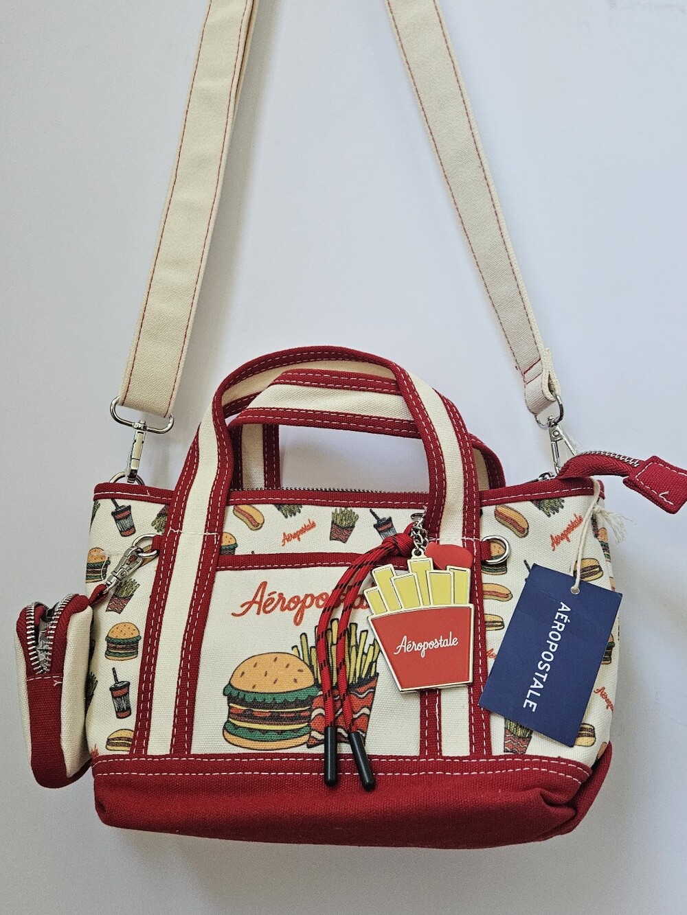 Aeropostale Canvas Fast Food, French Fry & Burger Print Crossbody Tote Bag NWT!